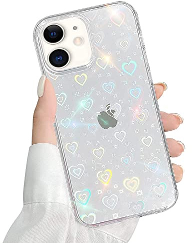 QUESPLE Kompatibel mit iPhone 12 Mini Hülle Transparent Glitzer Herz Muster für Frauen Mädchen Mode Weiche Langlebige Schlanke TPU Handyhülle, Hart PC Rückseite Kratzfest