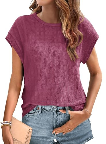 WNEEDU Camisetas Manga Corta Mujer Basicas Casual Blusas Cuello Redondo Verano Top Camisa Manga De Murciélago Ropa Elegantes Tshirt De Color Liso Fucsia 3XL