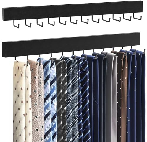 HOMEBROS Tie Rack Wall Mount, Wooden Closet Tie Hanger with 24 Metal Hooks, Large Capacity, Black, 2 Pcs