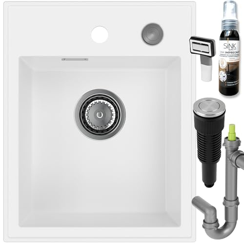 SINK QUALITY Spülbecken Weiß 40x50 cm - Granitspüle Weiß mit Siphon PUSH und Imprägnierung - Spüle ohne Abtropffläche - Kleines Spülbecken für Küche für Unterschränke ab 40 cm Breite