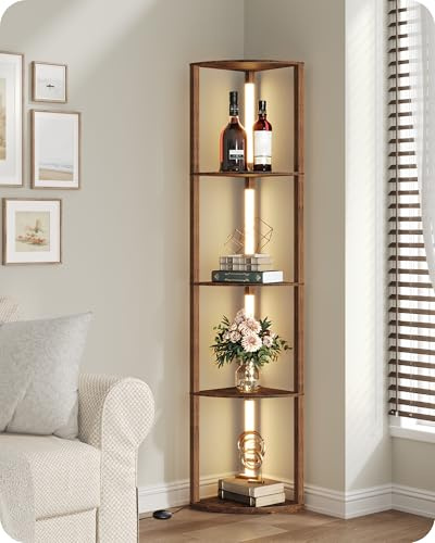 GOEBLESON Lámpara de Pie con Estantes, Lámpara de Salón Regulable de Madera, Estantería de Esquina con LED, 3 Temperaturas de Color, Barra Giratoria 360°, Dormitorio, Salón, Oficina, Marrón Rústico