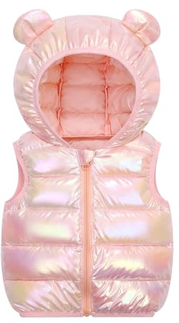 JiAmy Ärmlös vinterväst med huva, glänsande barn varm väst med huva lätt ärmlös jacka ytterkläder för höst vinter 1-8 år, Rosa, 3-4 Years