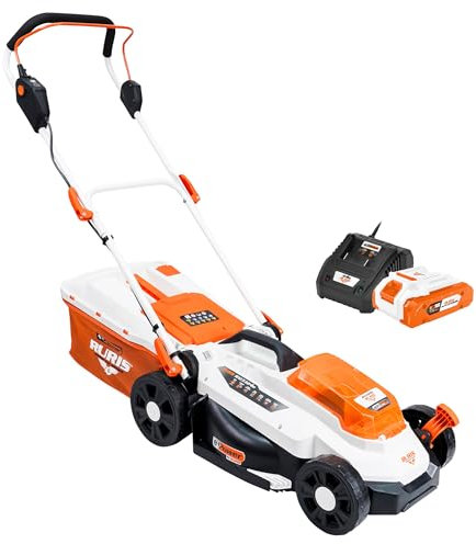 RURIS RXI3324e - Larghezza di taglio 33 cm, Altezza 25-75 mm, Funzione 3 in 1 (Rammassaggio, Eiezione Posteriore, Mulching), Batteria agli ioni di litio 20 V 4 Ah e caricatore incluso