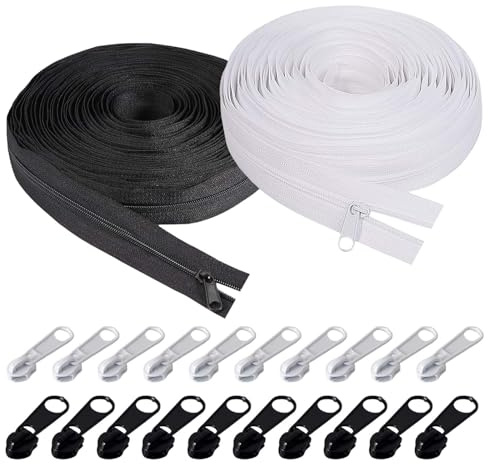 Fermeture éclair infini n° 3 avec curseurs – 10 mètres – fermetures éclair au mètre (5 m noir + 5 m blanc) + 20 curseurs métalliques pour vestes, jeans et bricolage | fermeture éclair chaîne continue