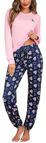 Bresdk Pigiama Donna Invernale Lungo Pigiami da Donna Caldo Cotone Manica Lunga Girocollo e Pantaloni Stampa Cuore con Tasche Comodo Casual Rosa M