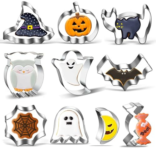 Halloween Cookie Cutter Set of 10, Stainless Steel Biscuit Cutters Handmade- Pumpkin, Bat, Ghost, Witch Hat, Cat, Candy, Cobweb, Owls, Moon, for Kids & Parties Baking