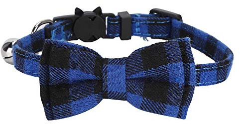 YolieraArt Kariertes Katzenhalsband mit Fliege und Glöckchen, verstellbares weiches Stoff-Haustierhalsband, niedliches Kätzchen-Nackenband, einfaches Schnallen-Design für Katzen und kleine Hunde (blau