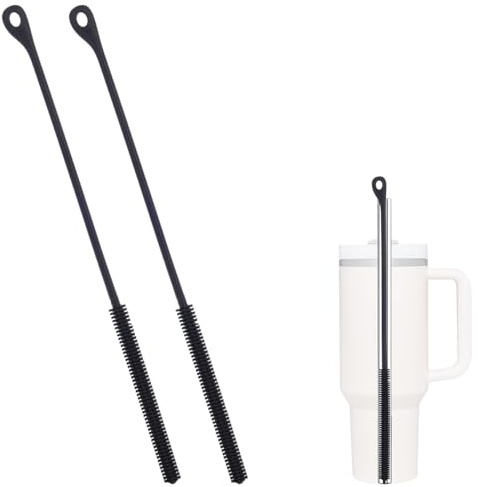 2pcs Silicone Straw Cleaner Brush, 9.5in Extra Long Pipe Cleaner Brush Reusable & Bendable Travel Drinking Bottle Lid Cleaning Tool for Stanley Metal Glass Straws Accessories(Black)
