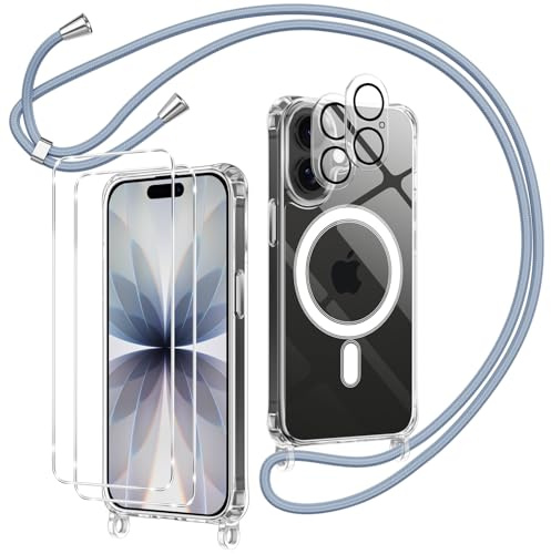 Olgary Magnétique Coque pour iPhone 17 avec Cordon, 2 Verre Trempé et 2 Caméra Protecteur, Transparente TPU Bumper Silicone Étui avec Cordon Réglable Antichoc Anti Rayures Protection Housse, Bleu