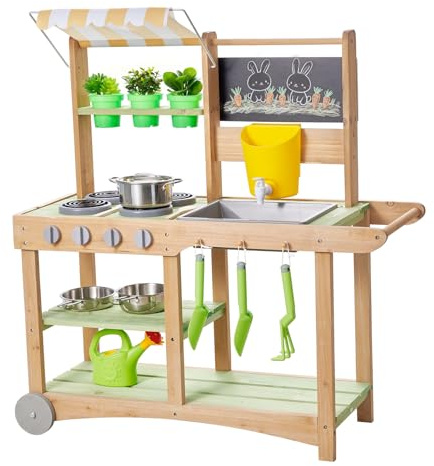 VEVOR Cocina de Barro Realista al Aire Libre, para Niños de 3 Años en Adelante, Madera de Cedro, con Cucharas, Fregadero, Toldo Parasol, Ruedas Giratorias, Ollas y Accesorios, 880 x 326 x 900 mm