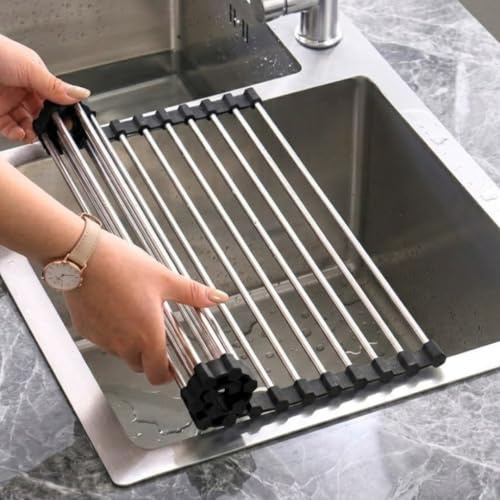 Genérico Escurreplatos Plegable. Escurreplatos, Escurridor de Platos Plegable sobre el Fregadero, Acero Inoxidable,(52 x 40) cm. Grande 20 Tubos, Recortable. Soporta Calor hasta 460°F.