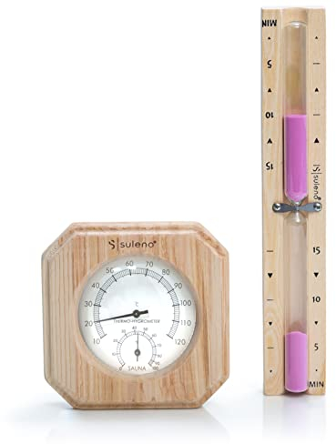 Suleno® Saunazubehör Set ANNA – 2-teiliges Set mit Klimamesser, Sanduhr, Temperatur- und Luftfeuchtigkeitsmesser, Hitzebeständig, Wandmontage, Perfekt für Sauna und Wellness