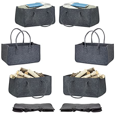 Relaxdays 8 x Kaminholztasche aus Filz, tragbarer Kaminholzkorb, Faltbare Filztasche, anthrazit