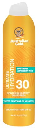 Australian Gold Continuous Spray Sunscreen SPF 30, 6 Ounce Dries Fast Broad Spectrum Water Resistant Non-Greasy Oxybenzone Free Cruelty Free