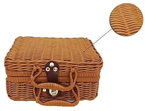 Cesta de Picnic, 1 Pieza Organizador de Tejido de Ratán de Plástico, Estuche de Almacenamiento de Mimbre Hecho a Mano, Maleta Vintage, Caja de Accesorios para Fotografía con Asa (26 * 18 * 10cm)