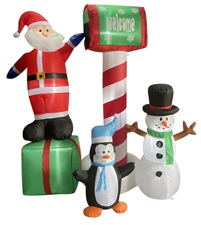 Fraser Hill Farm Buzón de bienvenida inflable preiluminado de 6 pies con Papá Noel, muñeco de nieve y pingüino | Decoración de fiesta de celebración festiva al aire libre para vacaciones de Navidad |