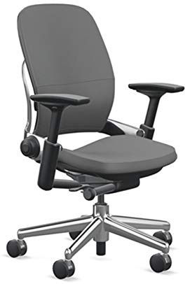 Steelcase Leap Desk Chair in Gunmetal Gray Elmosoft Leather L113-4-Way Highly Adjustable Arms - Polished Aluminum Frame and Base 8046 - Soft Dual Wheel Hard Floor Casters