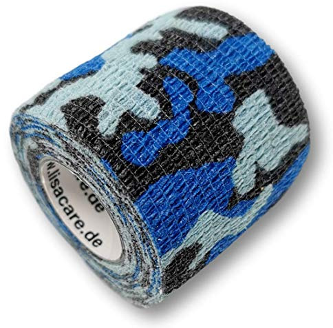 LisaCare selbstklebende Bandage - 2 Rollenpflaster, 5cm breit | Medizinprodukt - Mullbinden mit Wundauflage & ohne anwendbar mit Farb- & Motivauswahl (Camo Blau)
