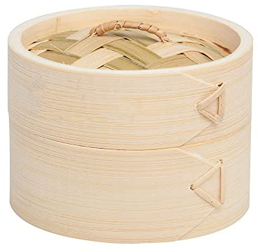 Handmade 4 inch Bamboo Steamer Basket with Lid Multi-use Traditional Dumpling Food Steamer for Cooking Vegetables, Dim sum, Bao Buns, Fish Meat (4inch - 1 tier)