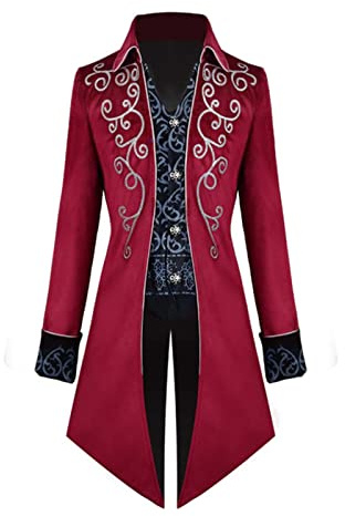 Giacca Impermeabile Uomo Giacca Lavoro Uomo Moda Cappotto Giacca Steampunk Giacche Vintage Tailcoat Gotico Redingote Manica Lunga Moda stampato Cappotto, Rosso #2, M, Caban