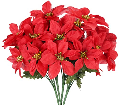 FINDIR 4pcs Poinsettia Noel Artificiel Rouge Fleurs de Poinsettia Fleurs Artificielles Noël Décoration Fleurs Poinsettia Rouge pour Noël Mariage Domicile Cambre Decoration (7 têtes par Bouquet)