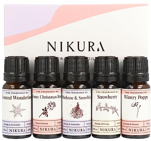 Nikura Winter Scents Fine Fragrance Oil Gift Set - 5 x 10ml | for Diffusers for Home, Soap & Candle Making, Wax Melts, Diffuser, Burner, Bath Bombs, Perfume Scents | Vegan & UK Made Essential Oils