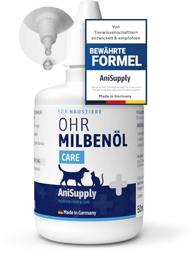 Animal Supply AS Mite Drops – öronkvalster för husdjur, 50 ml, omedelbart effektivt medel för hundar, katter och husdjur – mot öronkvalster med kamomill, skonsam vård vid klåda i örat