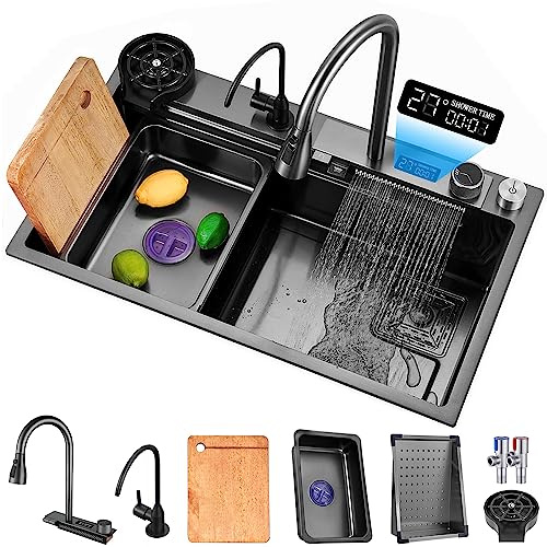 MWIDCIEW Fregadero de cocina en cascada con pantalla LED de temperatura, color gris plomizo, acero inoxidable 304, estación de trabajo, con grifo mezclador extraíble, fregadero grande de un solo tazón