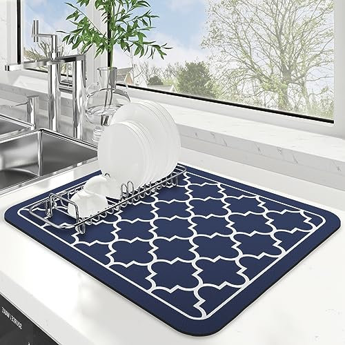WISELIFE Tapete de secado de platos súper absorbente, Bayeta Escurreplatos, Tapete de secado grande para encimera de cocina, Tapete de secado de platos fácil de limpiar, 15 x 18 pulgadas, azul