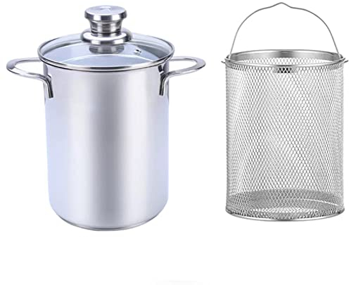4.2L Asparagus Pot 304 Stainless Steel Asparagus Vegetable Steamer Pasta Cooker, Oil Deep Fry Pan Wit Basket and Lid for Home Kitchen Restaurant Cookware (Silver)