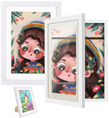 2 Stück A4 Bilderrahmen 21x30cm, Bilderrahmen Kinderzeichnungen hölzerner Fotorahmen | Befüllbarer Klapprahmen zur Aufbewahrung & Darstellung von Kunstwerken (Weiß, 2 STÜCK)