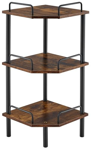 Tajsoon 3 Tier Corner Shelf Stand, Small Corner Table, Rustic Brown | Corner Standing Shelf with Edge Protection Fence, Industrial Corner Shelves Unit for Bedroom, Living Room, Office, Kitchen