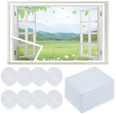 8 Stück Insektenschutz Fenster, Aktualisierung Insektengitter 1,5m x 2,0m mit 6 Rollen Selbstklebendem Klettband, Fliegengitter-Netze (8pcs Weiß, 1,5m x 2,0m)