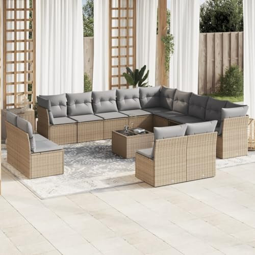 ULUYYUC 14-TLG. Garten-Sofagarnitur, Eckbankgruppe Gartenmöbel Set Eckbank Eckbank Küche Geeignet für Hinterhof Balkon Außenbereich Garten mit Kissen Beige Poly Rattan
