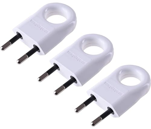 Flachstecker Schuko Stecker 230V 6A, Weiß, 3 Stücke | Mit Rundem Loch, Eurostecker, Europäische Flachstecker, 2-polige Flachstecker