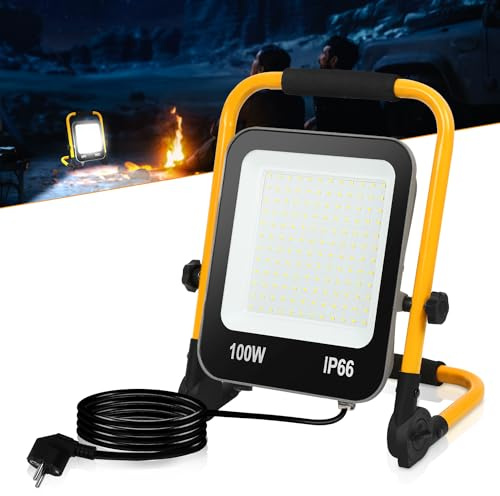 Jopassy Vielseitiger LED Baustrahler 2 x 100W, 10000 LM, IP66 Wasserdicht, 6000K Kaltweiß, Tragbar mit 3m Kabel und Faltbarem Ständer, Perfekt für Baustelle, Werkstatt und Outdoor-Aktivitäten