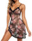 KFLY Women’s Lingerie Set Sexy Babydoll Nightwear Floral Rose Print Mesh Nightdress V Neck See Through Soft Chemise Sleepwear with G String (XL, Black)