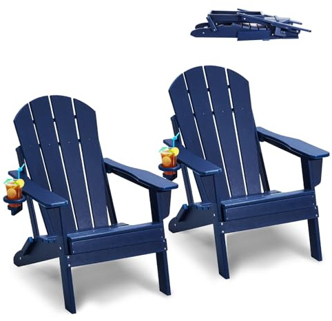 VEVOR 2 set med hopfällbara och bärbara Adirondack-stolar i plast 800 x 755 x 915 mm för utomhusbruk, med kopphållare, avkopplande och ergonomiskt armstöd för trädgård, bakgård, marinblå