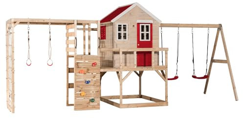 Wendi Toys M27R-G Cabane sur pilotis avec Toboggan & Double balançoire, Aire de Jeux en Bois FSC pour Enfants, 197×563×242 cm, avec Mur d’Escalade, Filet à Grimper & Anneaux, Rouge