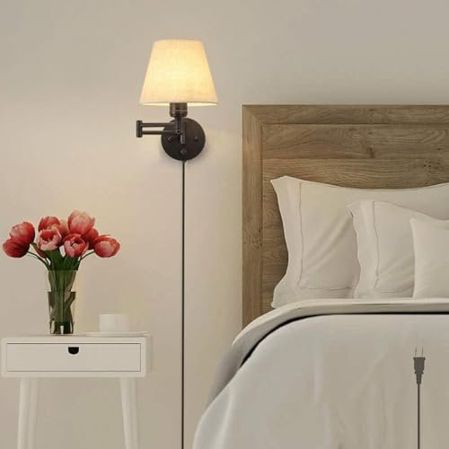TZSMUM E27 Innen Vintage Wandleuchte mit Schalter Stecker Wandlampe 180°+270° Verstellbare Wandbeleuchtung Industrial Bettlampe mit 1.6M Kabel Stoff Schirm Wand Leselampe (Weiß,1 Stück)