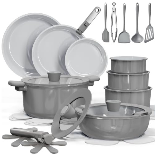 CAROTE 27pcs Ceramic Cookware Set Nonstick, Pots and Pans Set Non Stick, Non Toxic Cookware Detachable Handles, Dishwasher/Oven Safe, RV/Camping Cookware with Kitchen Utensils, Gray