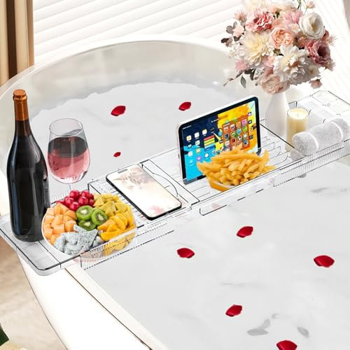 Vassoio per vasca da bagno, regolabile, 22,3 – 31,8 cm, per iPad, libri, asciugamani e bicchieri da vino, adatto per la maggior parte delle vasche da bagno