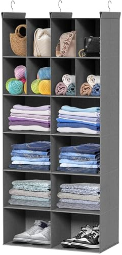 Ofiray-home 6 Tier Hanging Closet Organizer, 16 Compartments Sweater Organizer for Closet with 3 Sturdy Hooks, Closet Organizers and Storage, Wardrobe, Rv, Garment Rack, Grey