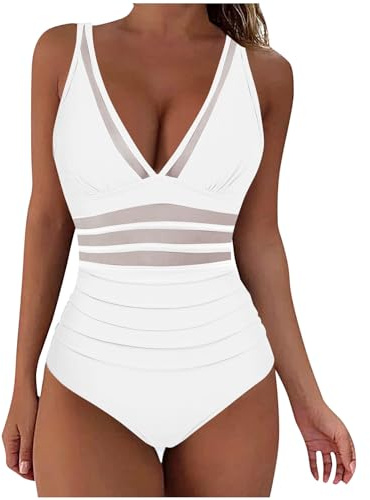 Mrat Womens Swimsuit Sexy Mesh Swimming Costume One Piece Swimwear Tummy Control Swimsuit V Neck Padded Swimsuit Push Up Slimming Monokinis High Waisted Sleeveless Swimsuit Ladies Retro Bathing Suits