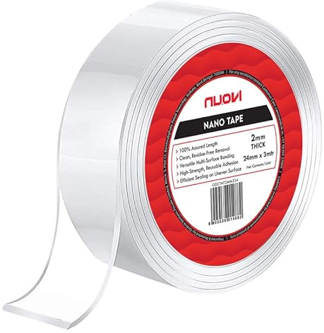 NUOVI Ruban adhésif Nano | 24 mm x 3 m, 2 mm d'épaisseur | Ruban adhésif à base de gel robuste, résistant à la chaleur, multifonctionnel, réutilisable et antidérapant
