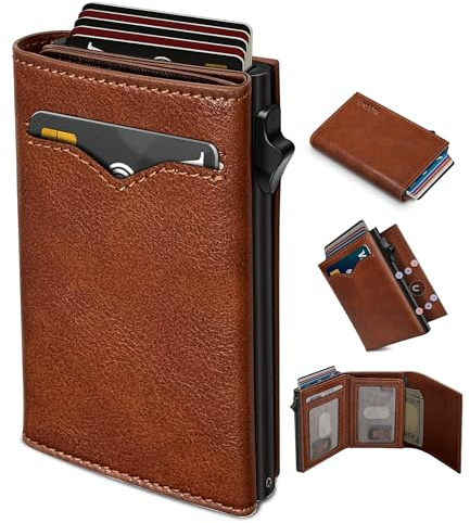 miyozi Wallet for Men,with Cash Pocket 2 ID Window 9-13 Cards,Metal Case Smart Slim Pop Up Credit Card Holder Flip with Magnetic Closure RFID Blocking Trifold wallet with Gift Box