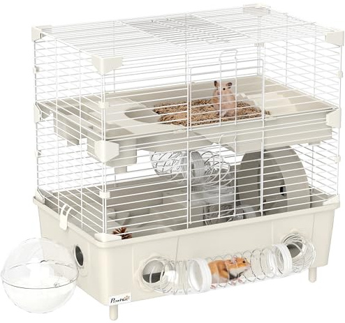 PawHut Gabbietta per Criceto a 2 Livelli e 3 Porte con Ruota Silenziosa, Lettiera e Tubi di Gioco, Gabbia per Animali in Acciaio, PS e PP, 44.5x28x44 cm, Crema e Bianco