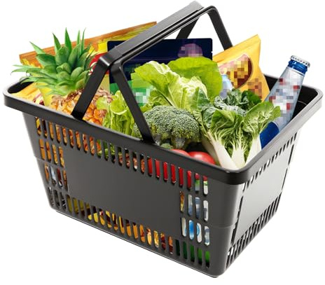 Susoso 12 antal inköpskorgar av PP, 28 l shoppingkorg med ergonomiska handtag varje produkt kan belastas ca 10 kg öppen och stapelbar design svart
