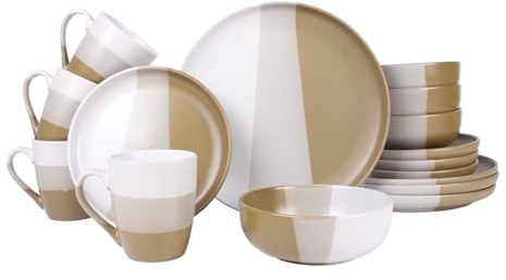 ROYALFORD 16 Piece Stoneware Dinnerware Set | Microwave, Dishwasher & Freezer Safe Durable Crockery Set | Includes Dinner & Dessert Plates Cereal Bowl & Mugs | Kitchen Dinner Set for 4 People, Beige