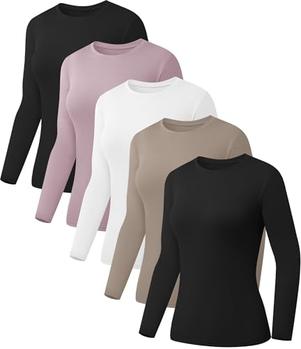 Kinglaman 5 Pack Womens Basic Long Sleeve Shirts Crew Neck Slim-Fit Fitted T Shirts Tops Undershirts Underscrub Baselayer 2 Black 1 White 1 Khaki 1 Pink Small